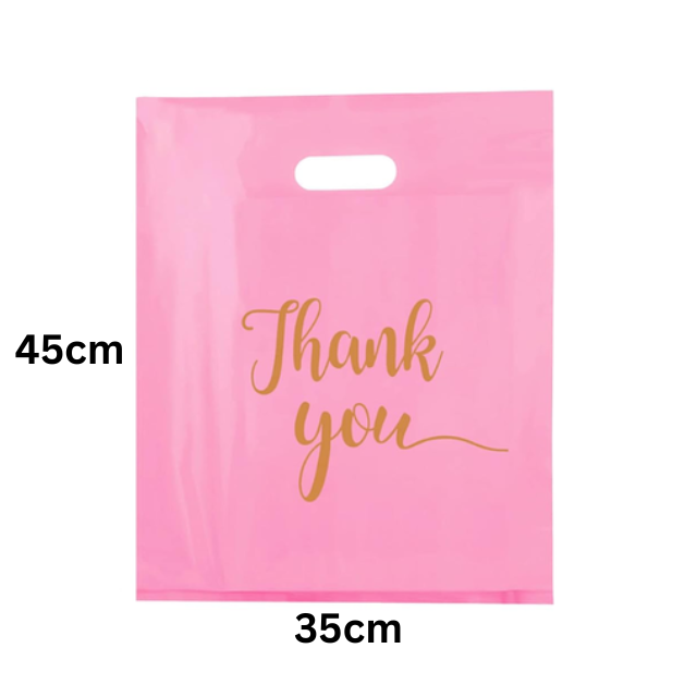 100Pk Pink Thank You Plastics with Handles for Business Packaging 35x45cm