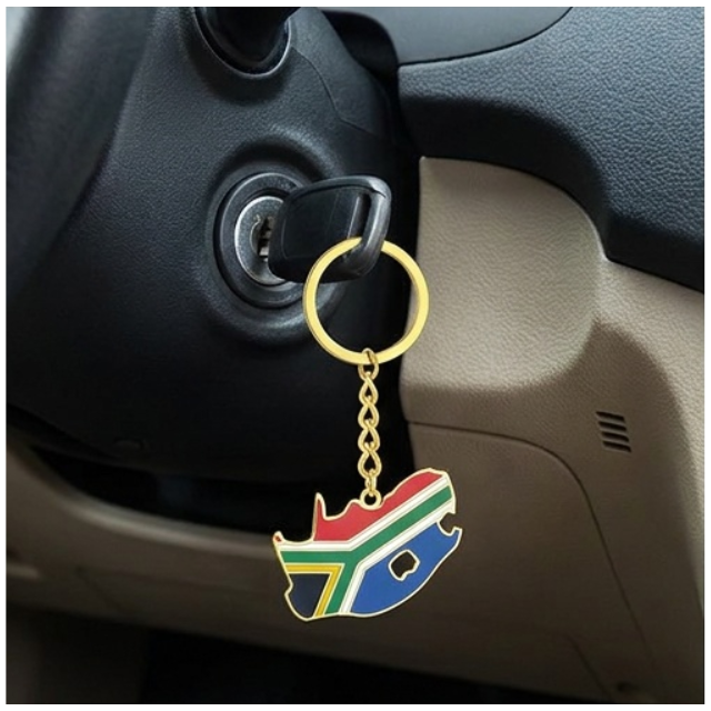 South African Flag Map Keychain Souvenir Keyring - Gold