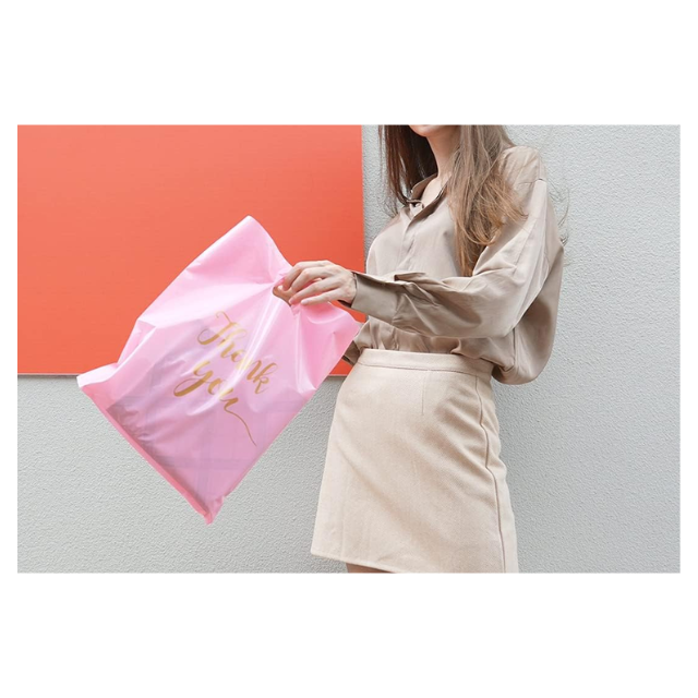 100 Pack Pink Thank You Plastics with Handles for Business Packaging 25x35