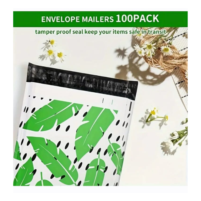 100 Polymailers Packaging 25x33cm Self-Adhesive Gift Bag Green Leaf Design