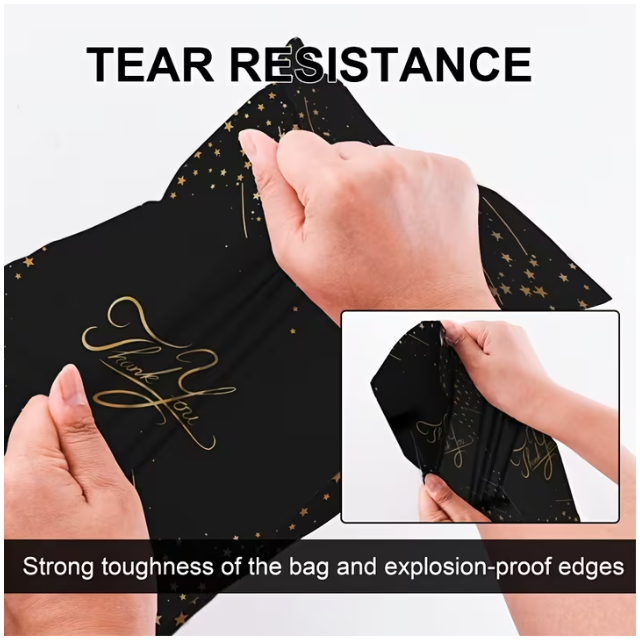 100 Polymailers Packaging 25x33cm Self-Adhesive Gift Bag Black & Gold Stars