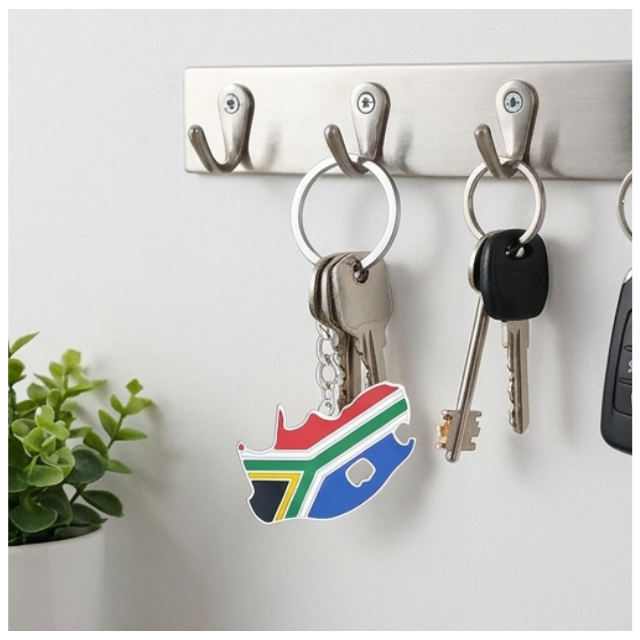 South African Flag Map Keychain Souvenir Keyring - Silver
