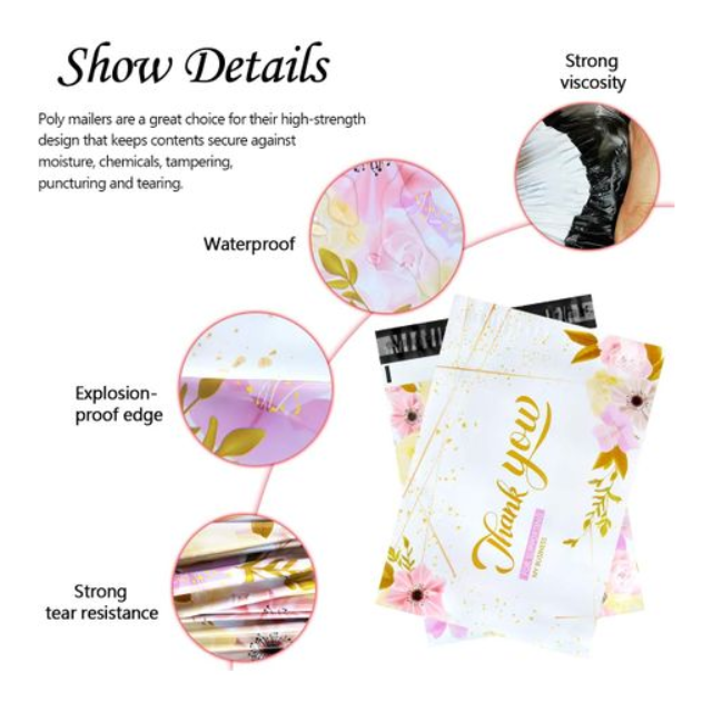 100 White Gold Floral Thank You Polymailers Packaging 25x33cm self-adhesive