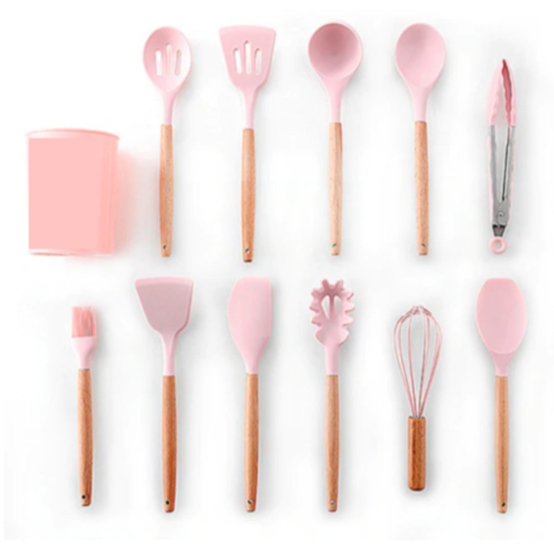 Kitchen Utensils 12 Piece Silicone with Holder - Pink