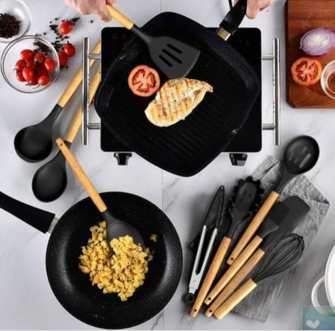 Kitchen Utensils 12 Piece Silicone with Holder - Black