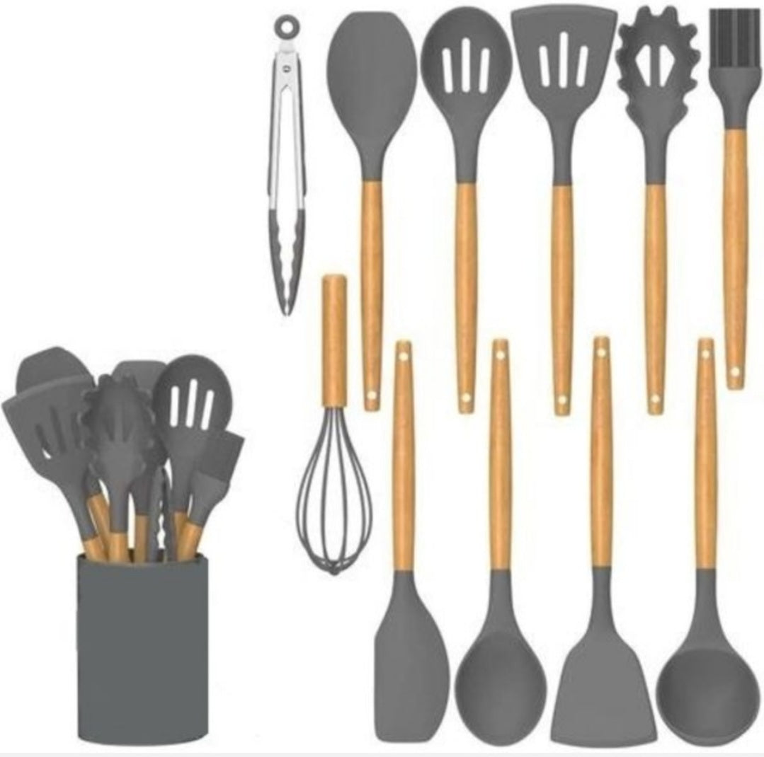 Kitchen Utensils 12 Piece Silicone with Holder - Grey