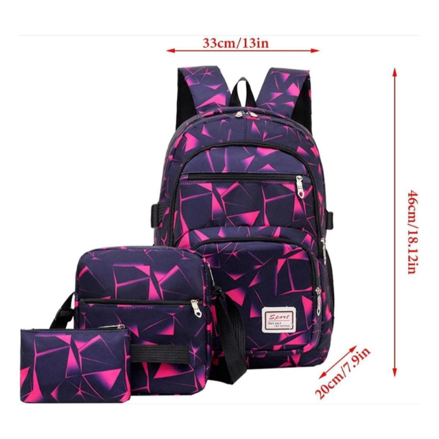3 Piece Unisex Geometric Backpack Shoulder Bag Pencil Case - Pink