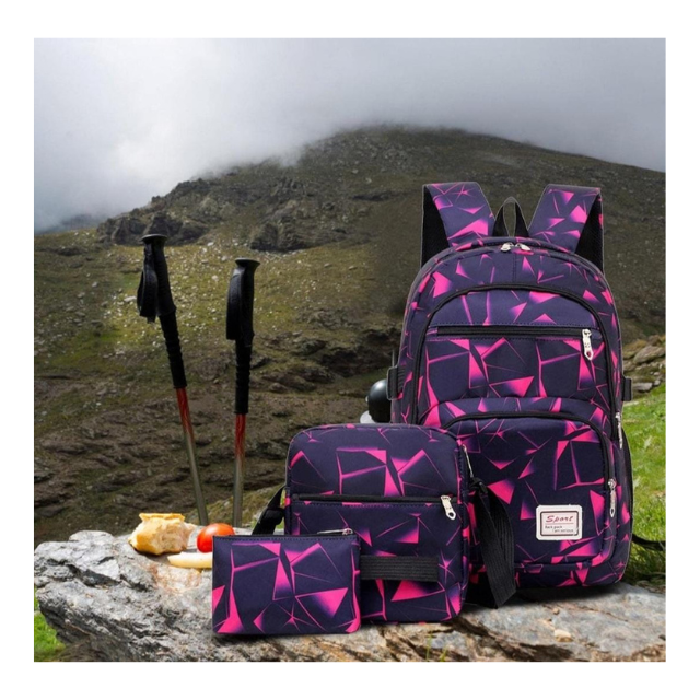 3 Piece Unisex Geometric Backpack Shoulder Bag Pencil Case - Pink