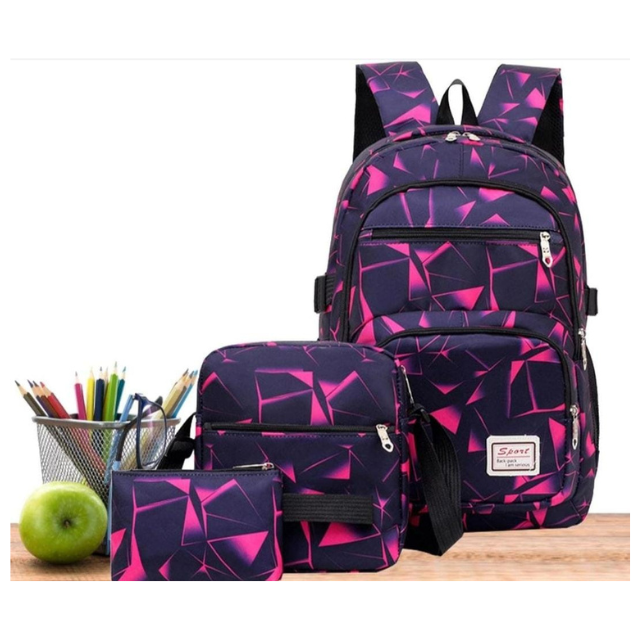 3 Piece Unisex Geometric Backpack Shoulder Bag Pencil Case - Pink