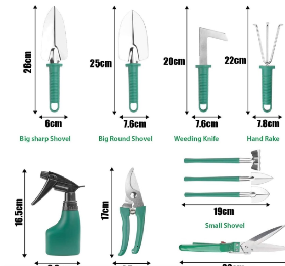 10 Pieces Green Garden Tool Set In Carry Case