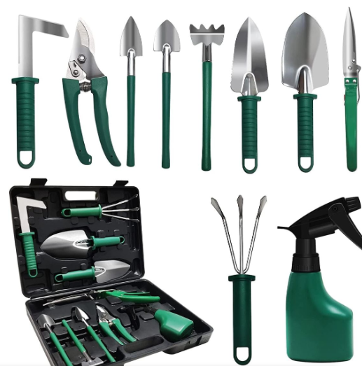 10 Pieces Green Garden Tool Set In Carry Case
