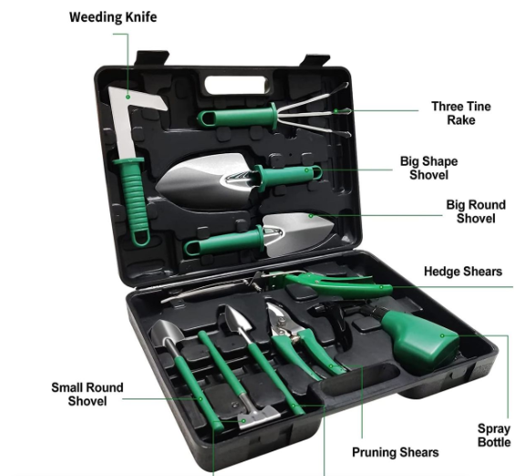10 Pieces Green Garden Tool Set In Carry Case