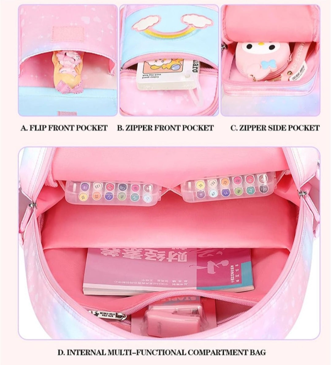 School Girls Rainbow Backpack Refrigerator door Style & multi compartments -PINK TINT