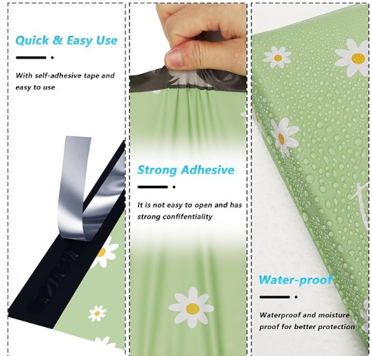 100 Green Daisy Gift Bag 25x33cm Polymailers Packaging Self-Adhesive