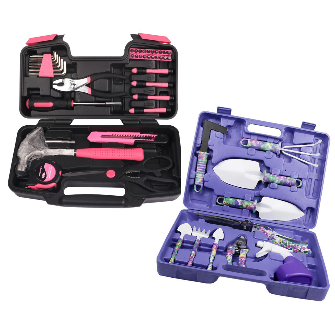 2 Pack Combo Floral Garden Set(10 Piece) & Pink/Black Tool Set (39 Piece) in Carry Case