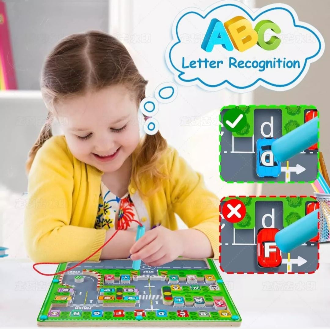 Montessori Educational Wooden Alphabet Puzzle Board Magnetic Car Park Maze