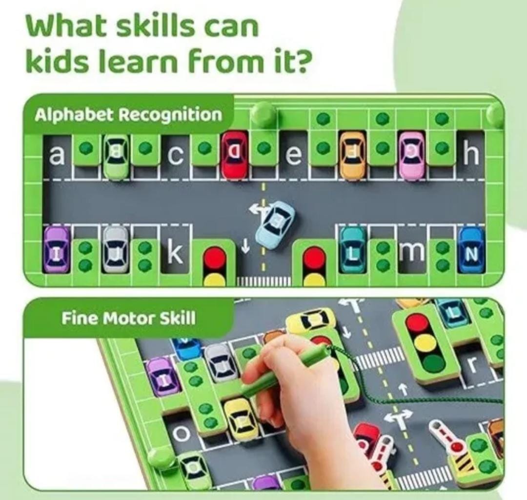 Montessori Educational Wooden Alphabet Puzzle Board Magnetic Car Park Maze