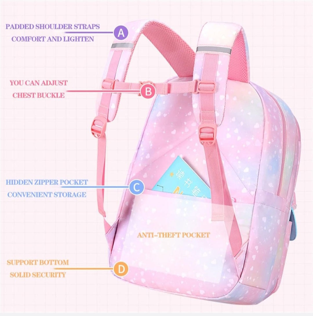 School Girls Rainbow Backpack Refrigerator door Style & multi compartments -PINK TINT