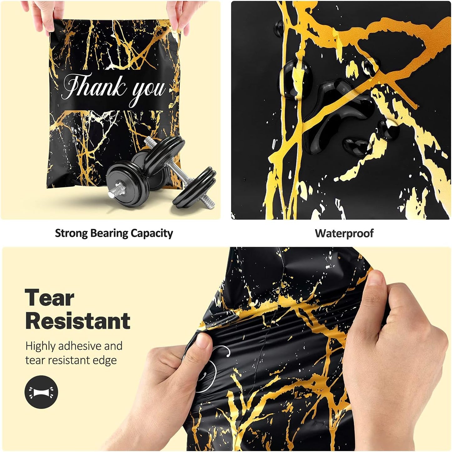 100 Black and Gold Thank You Polymailers Packaging 25x33CM self-adhesive