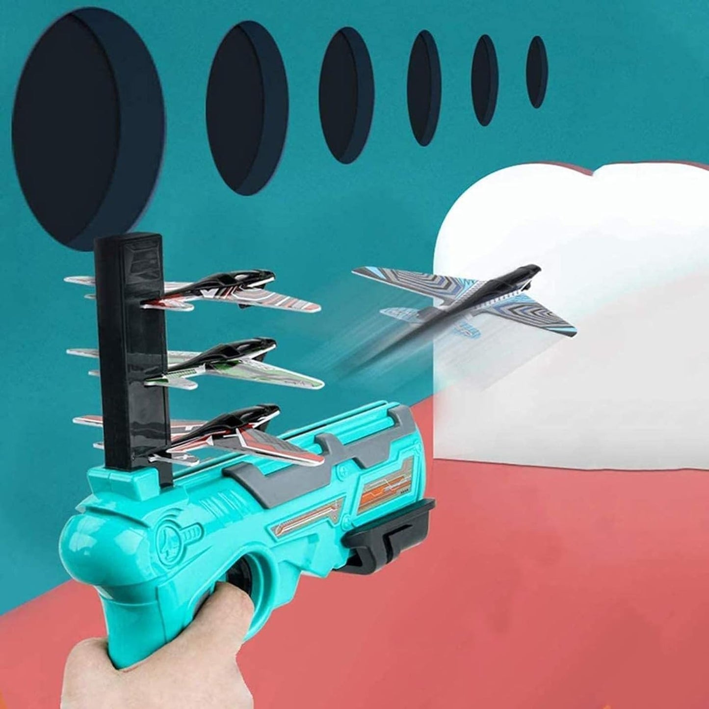 Launcher Catapult Gun with 4 foam flying airplanes Gliding Kids Boys Toys
