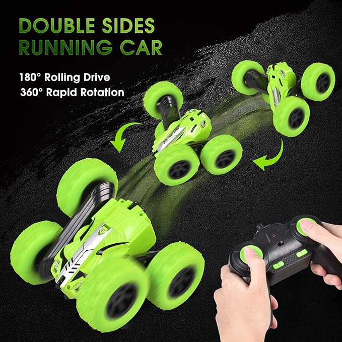 Remote Control Stunt Car Truck Double Sided 360 degree Flip LED Lights -GREEN
