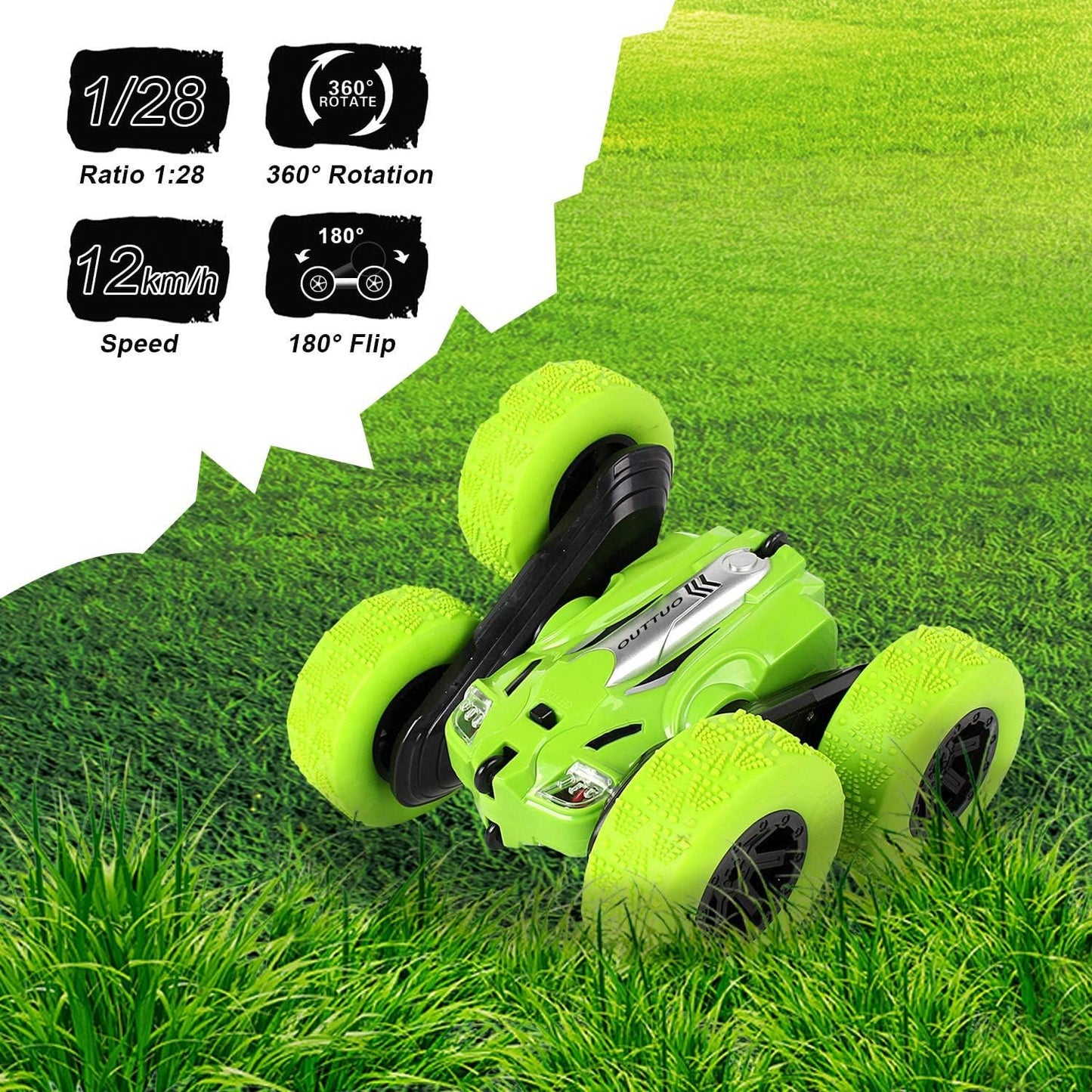 Remote Control Stunt Car Truck Double Sided 360 degree Flip LED Lights -GREEN