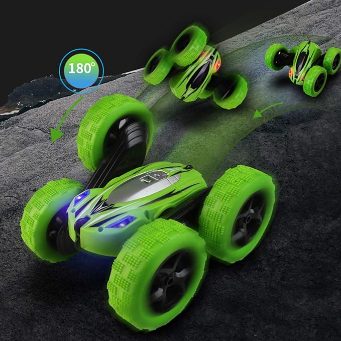 Remote Control Stunt Car Truck Double Sided 360 degree Flip LED Lights -GREEN