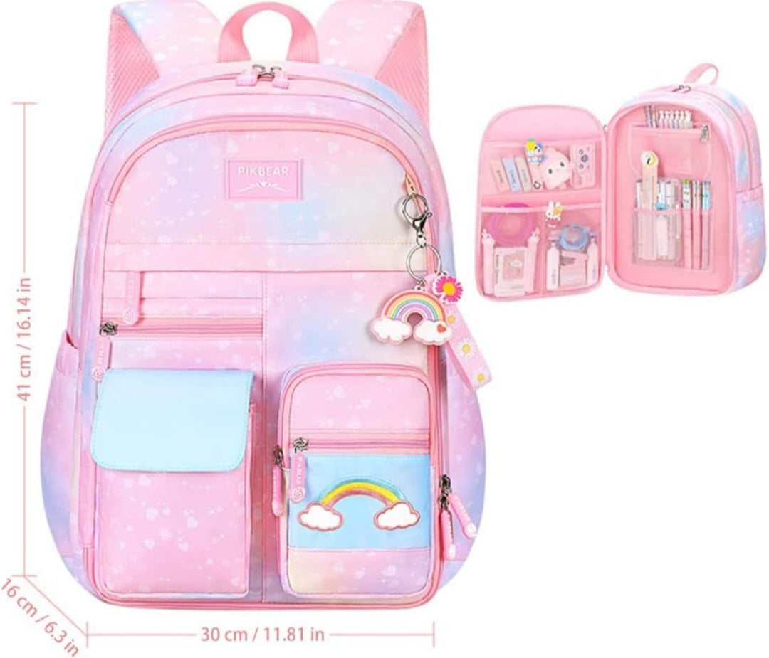 School Girls Rainbow Backpack Refrigerator door Style & multi compartments -PINK TINT