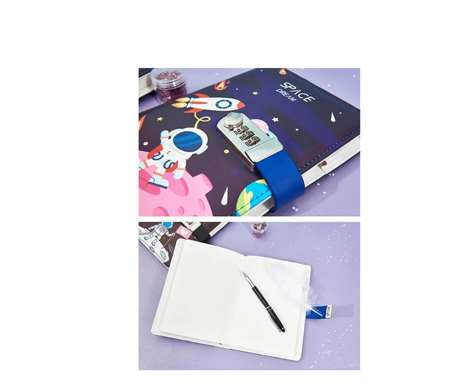 Combination Lock A5 Notebook Diary Journal Soft PU Leather Cover OuterSpace - Astro on PINK moon