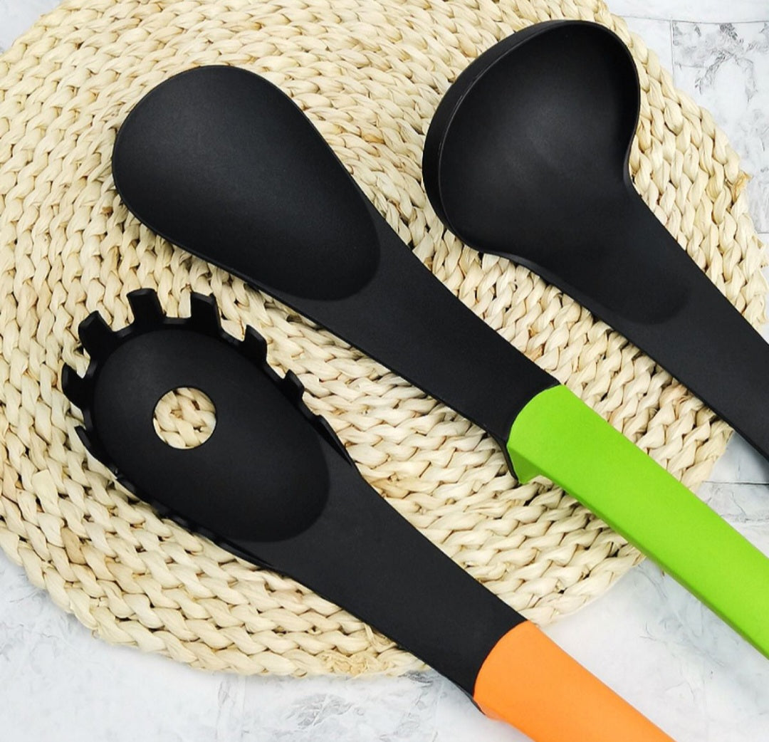 Nylon Kitchen Utensil 6 Piece set with rotating carousel Multi Colour Handles - 1 Pack