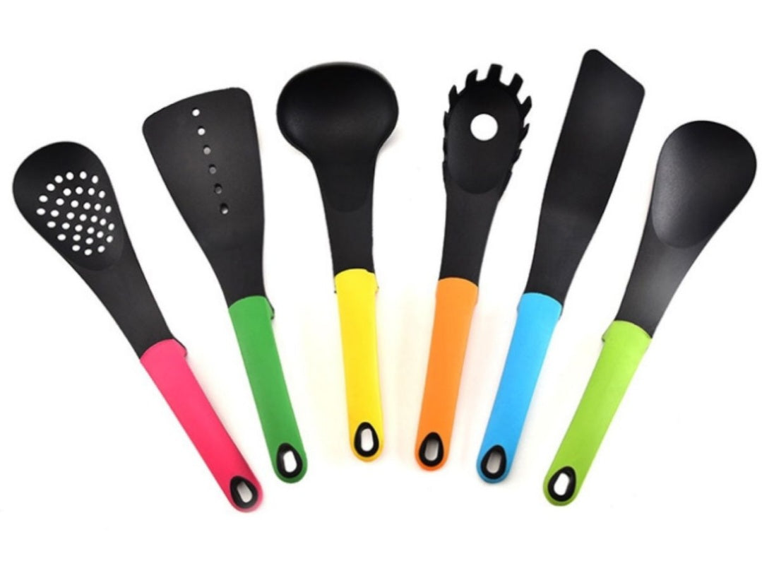 Nylon Kitchen Utensil 6 Piece set with rotating carousel Multi Colour Handles - 1 Pack