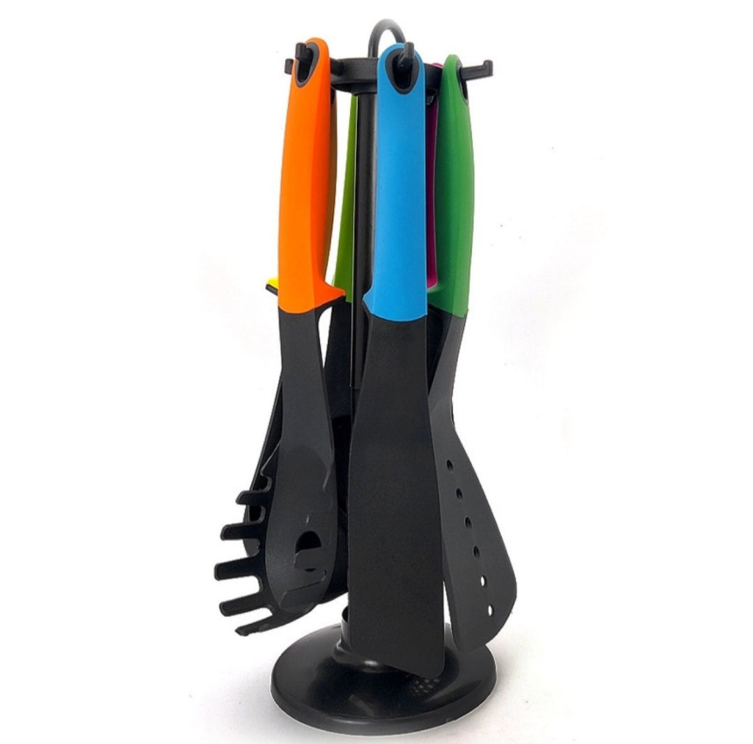 Nylon Kitchen Utensil 6 Piece set with rotating carousel Multi Colour Handles - 1 Pack
