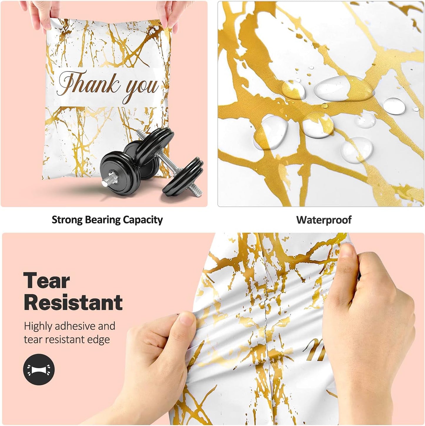 100 White Gold Splash Thank You Polymailers Packaging 25x33cm self-adhesive
