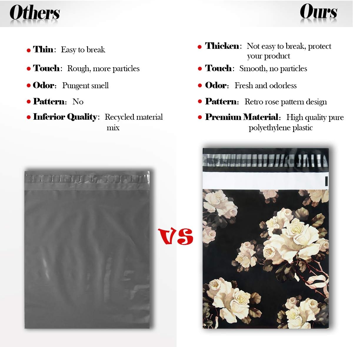 100 Black with White Roses Poly mailers Packaging 25x33cm self-adhesive