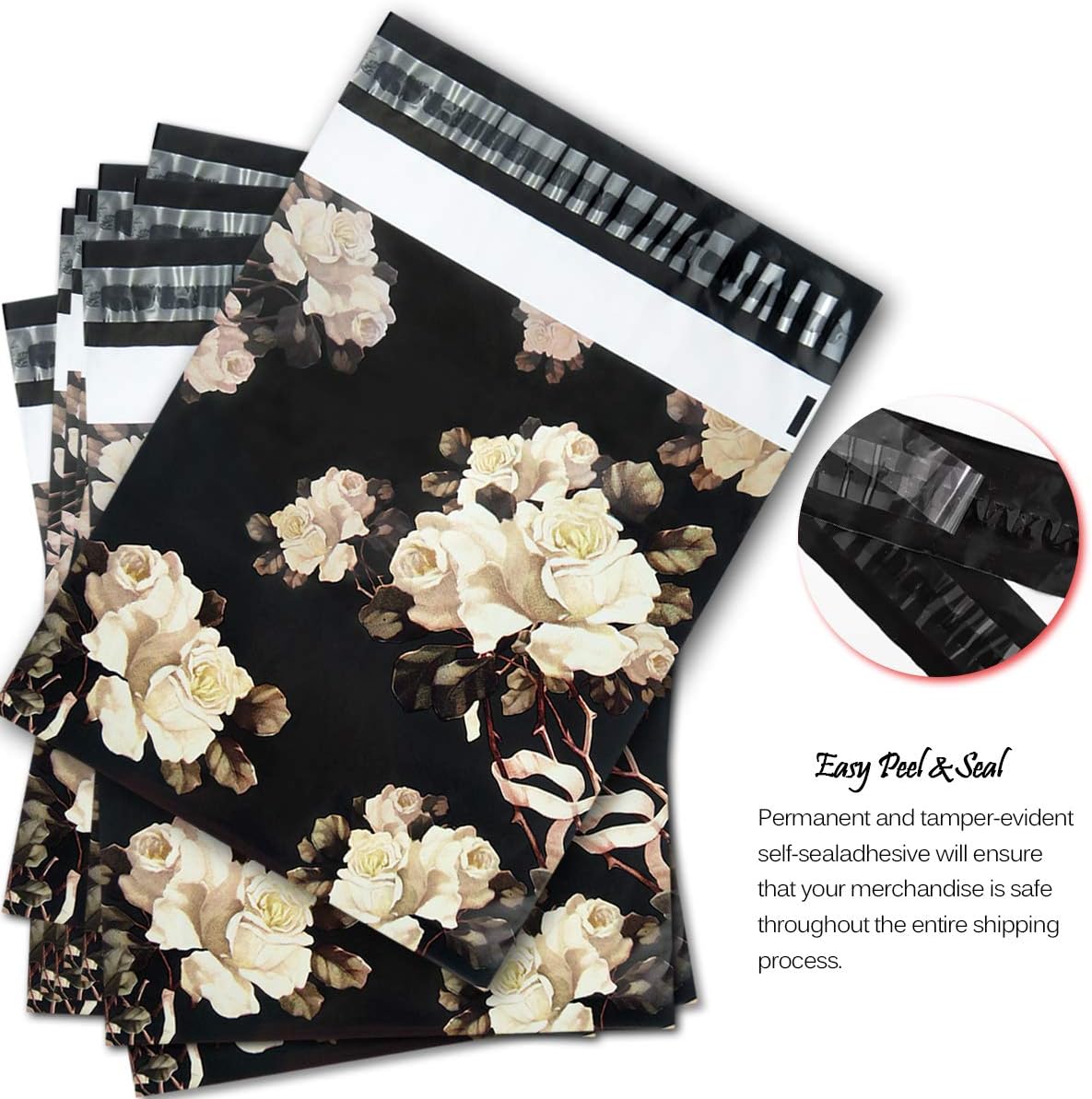 100 Black with White Roses Poly mailers Packaging 25x33cm self-adhesive