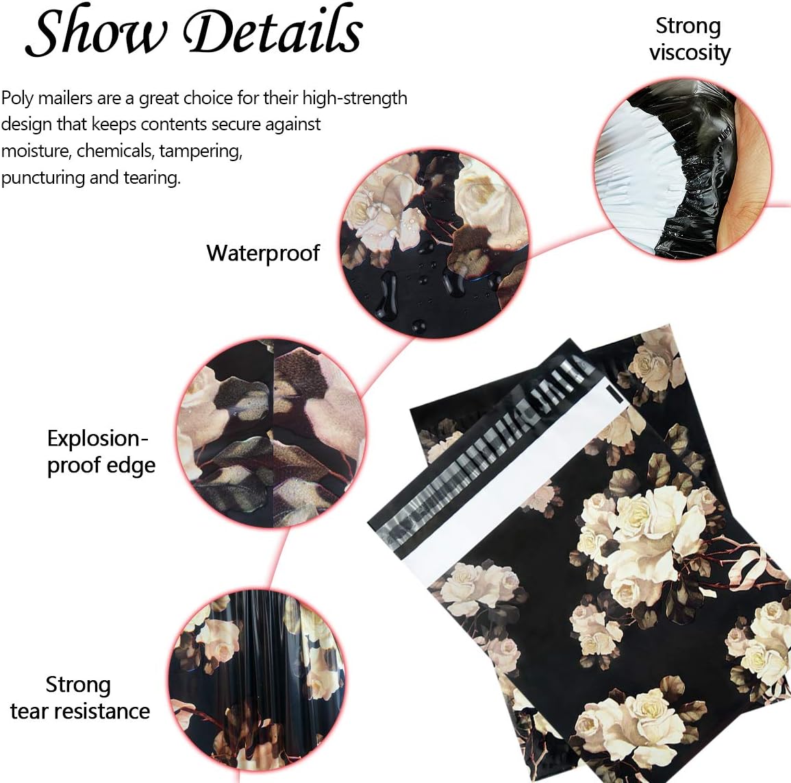 100 Black with White Roses Poly mailers Packaging 25x33cm self-adhesive