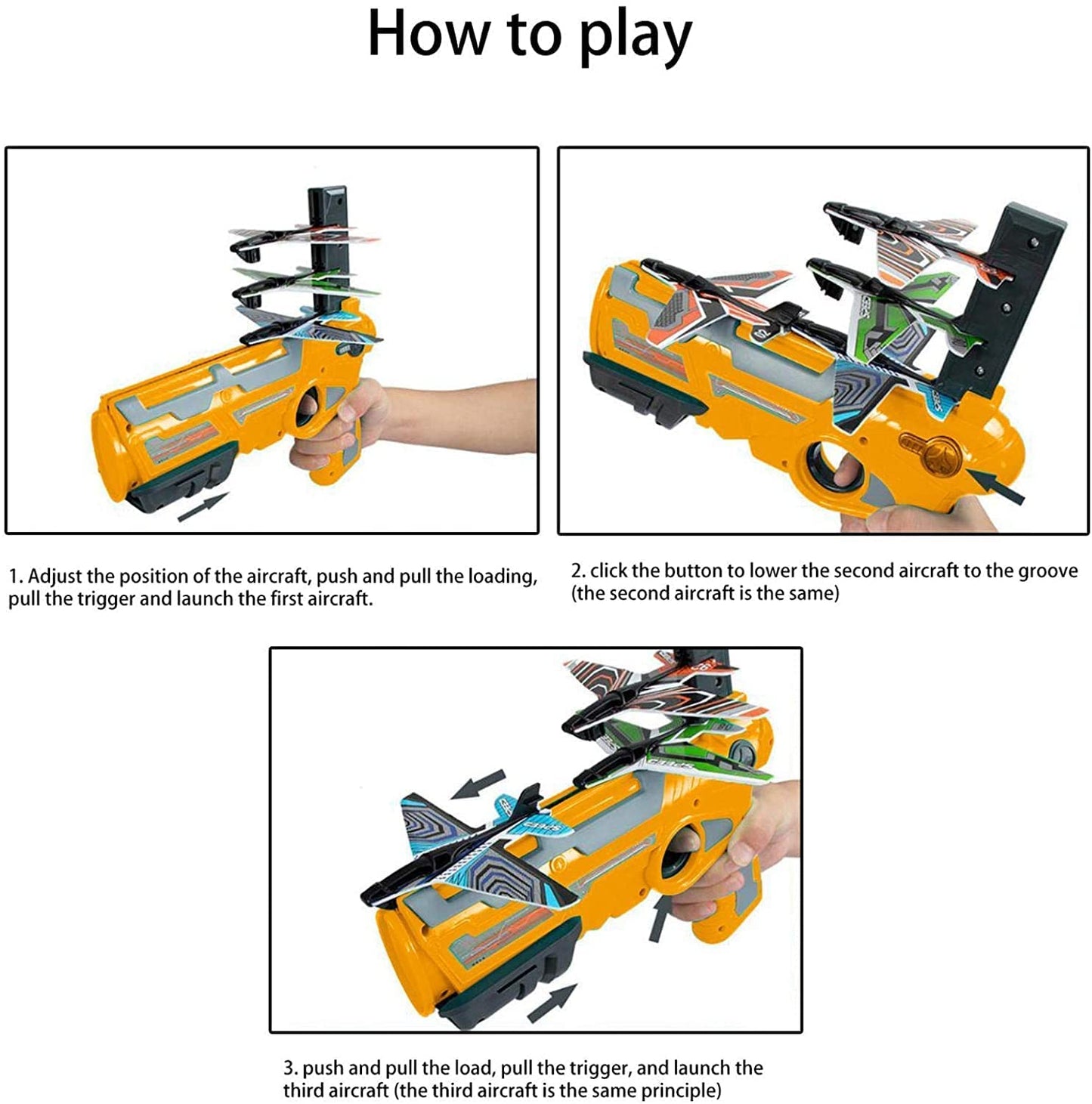 Launcher Catapult Gun with 4 foam flying airplanes Gliding Kids Boys Toys - Yellow