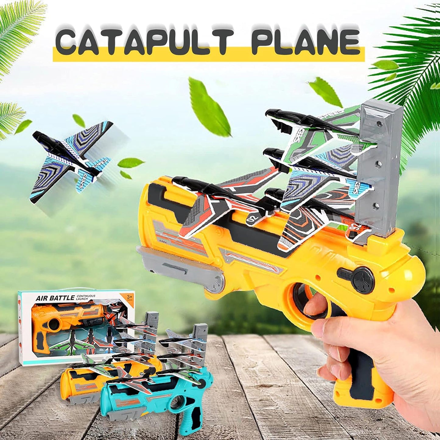 Launcher Catapult Gun with 4 foam flying airplanes Gliding Kids Boys Toys - Yellow
