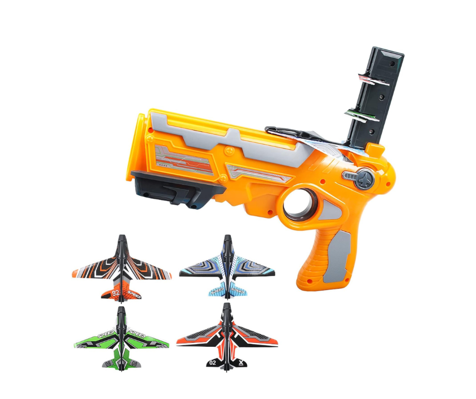 Launcher Catapult Gun with 4 foam flying airplanes Gliding Kids Boys Toys - Yellow