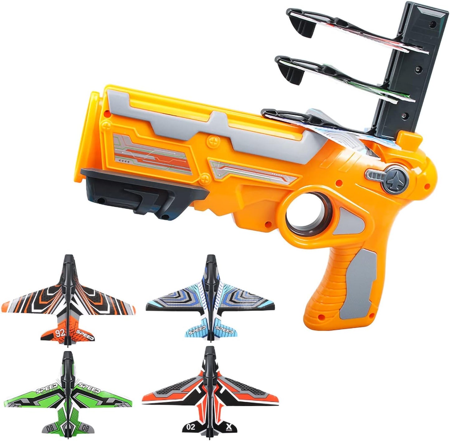 Launcher Catapult Gun with 4 foam flying airplanes Gliding Kids Boys Toys - Yellow