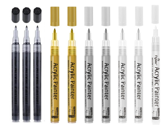 10 Acrylic Permanent Marker Pens Black-White-Silver- Gold