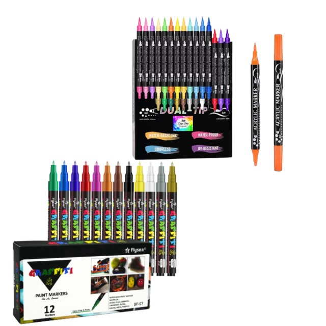 2PK Combo 12 Graffiti Paint Markers 2.5mm & 24 Dual Tip Acrylic Paint Markers