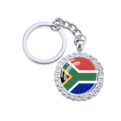 South Africa Flag Keyring Souvenir Glass Dome Finish Rhinestone Encrust