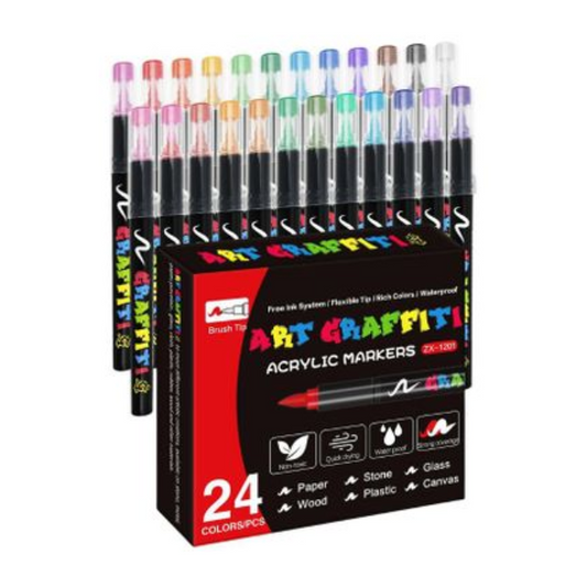 24 Acrylic Art Graffiti Marker Pens Brush Tip Multisurface