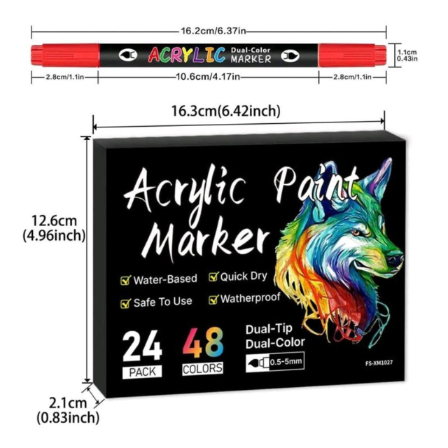 24Dual Tip Acrylic Art Paint Markers 48 Colour Multi surface