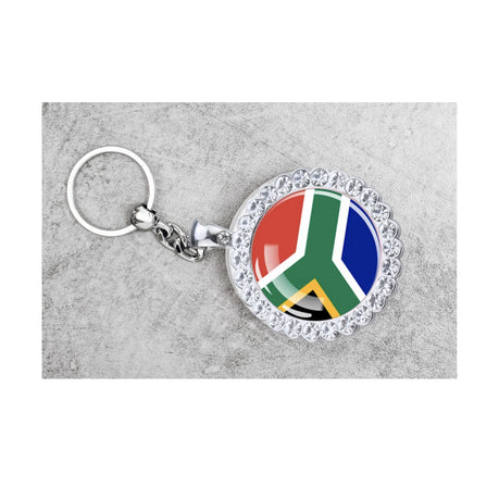 South Africa Flag Keyring Souvenir Glass Dome Finish Rhinestone Encrust