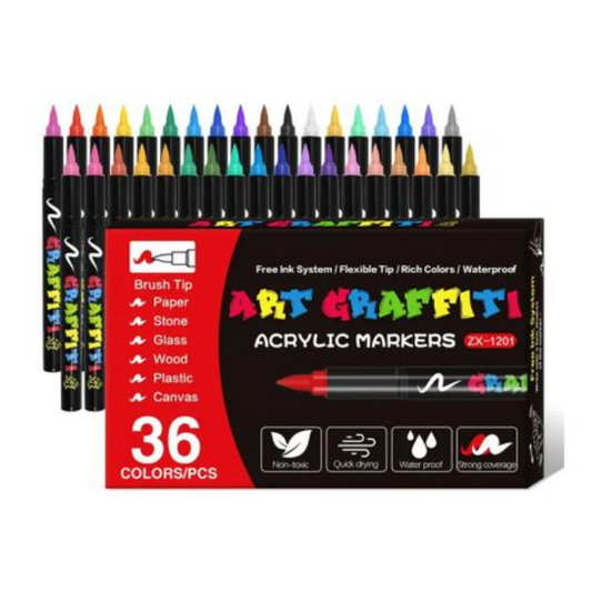 36 Acrylic Art Graffiti Marker Pens Brush Tip Multisurface