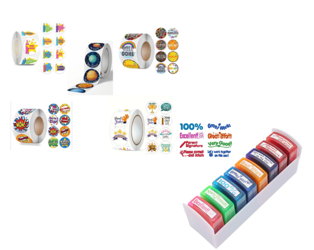 6PK Combo School Reward/ Recognition 2500 Teacher Stickers+8 Stamps in Case