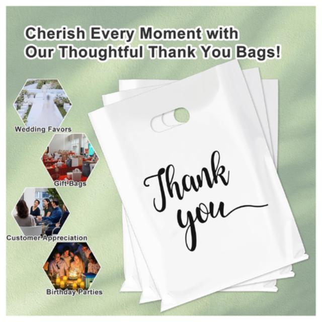 100Pk White Thank You Plastics with Handles for Business Packaging 35x45cm