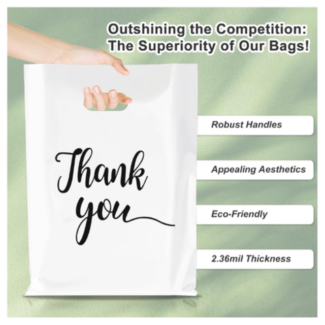 100Pk White Thank You Plastics with Handles for Business Packaging 15x20cm